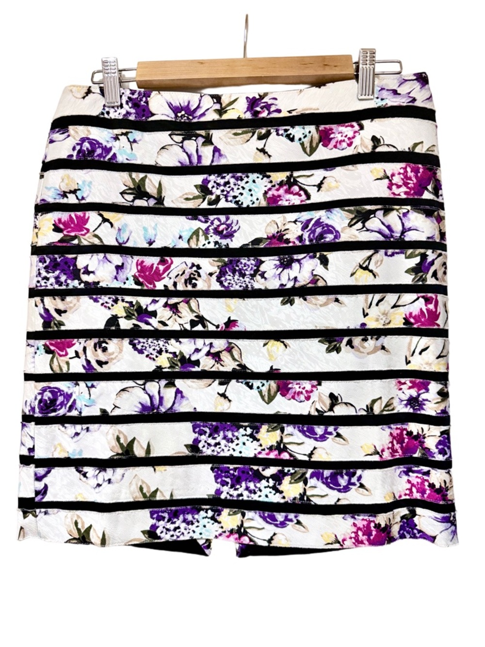 White House Black Market Floral Stripe Mini Skirt in White, Purple and Pink